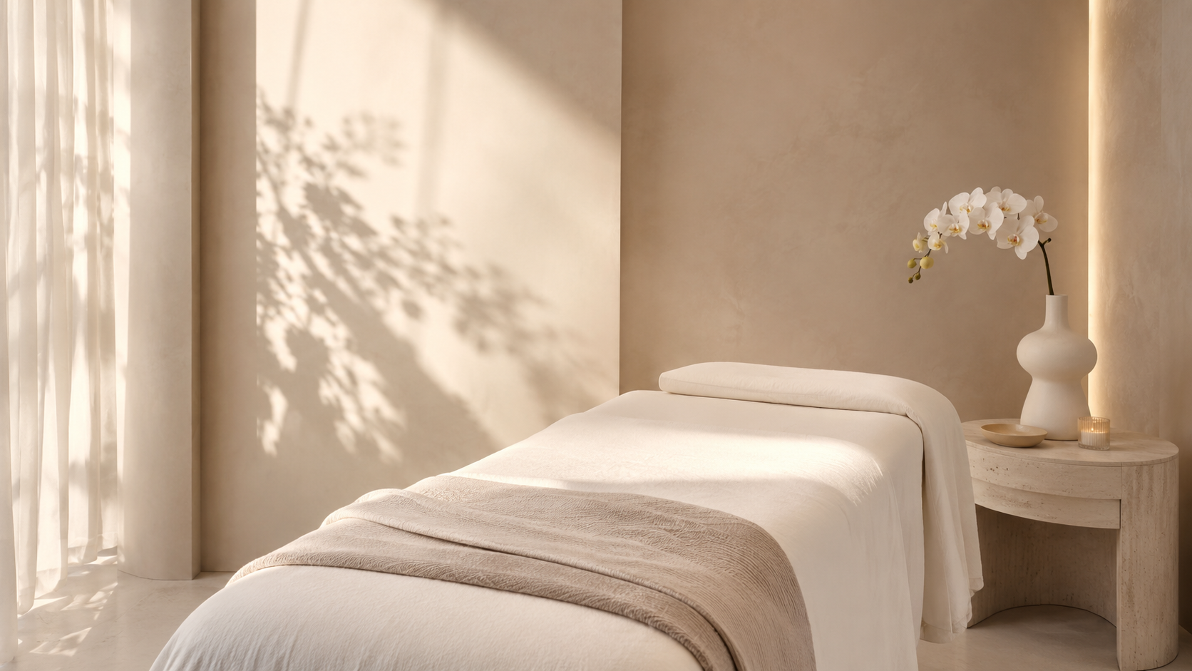Treatment room interior with linen bed and orchid