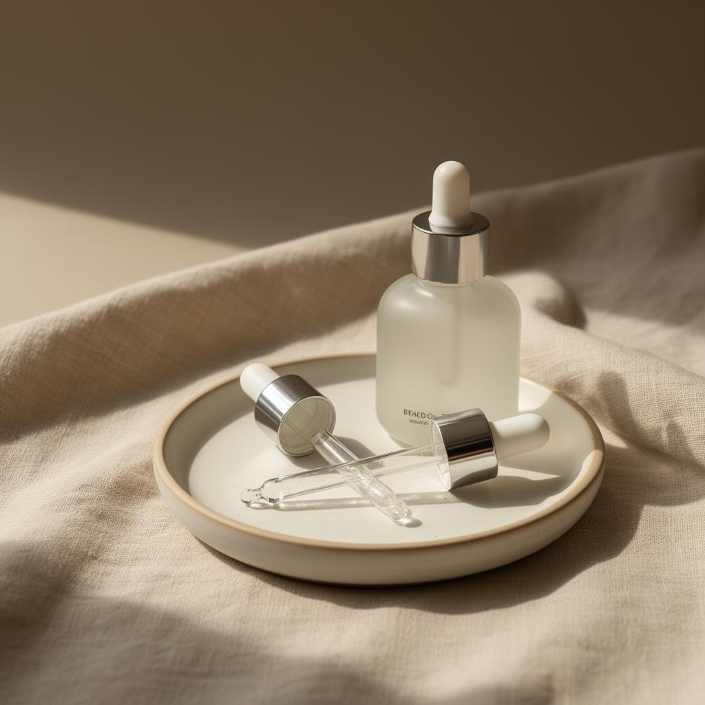 Skincare droppers on ceramic dish